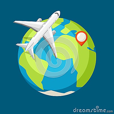 Travel illustration. Traveling background with airplane and earth Vector Illustration