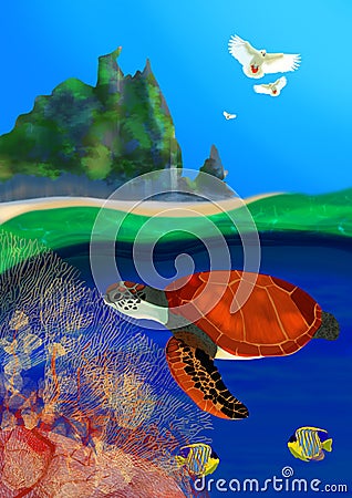 Colourful Illustration Coral Reef in Philippines Cartoon Illustration