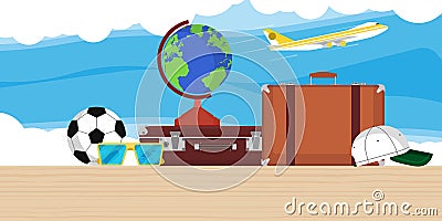 Travel illustration vector background with globe, plane, bag and clouds. Flat airplane tourism vacation world trip. Summer tour Vector Illustration