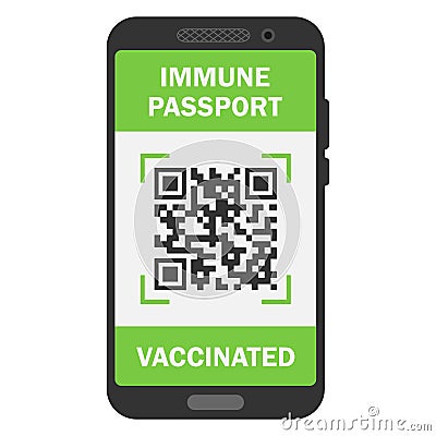 Travel immune passport in mobile phone. Covid-19 immunity certificate for safe traveling or shopping. Electronic health passport Vector Illustration