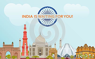 Travel in India concept. Indian most famous sights set. Architectural buildings. Famous tourist attractions Vector Illustration