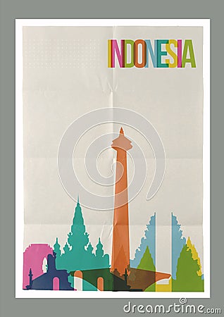 Travel Indonesia landmarks skyline vintage poster Vector Illustration