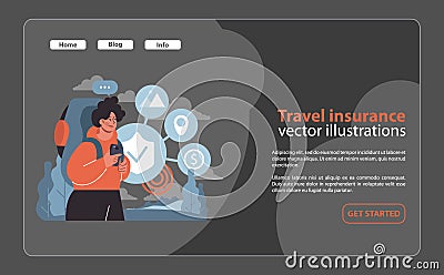 Travel insurance concept. Adventurer secures trip with a comprehensive. Vector Illustration