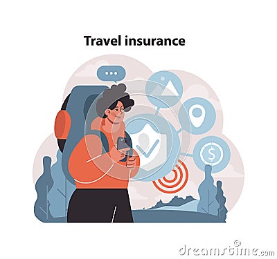 Travel insurance concept. Adventurer secures trip with a comprehensive. Vector Illustration