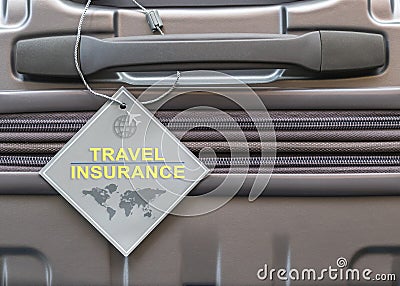 Travel insurance protection plan for airline safety and security with tag on passenger suitcase luggage handle Stock Photo