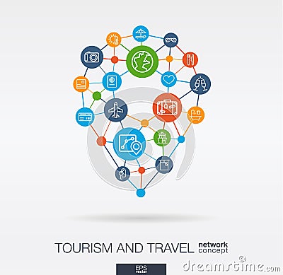 Travel integrated thin line web icons in map pin sape. Digital network concept. Vector Illustration