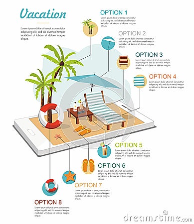 Travel Isometric infographic. Summer Beach Accessories on smartphone Vector Illustration