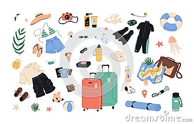 Travel items from summer holiday luggage. Tourists objects for sea vacation. Tourism stuff bundle with map, suitcase Vector Illustration