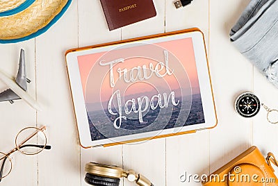 Travel Japan with fuji view on tablet screen Stock Photo