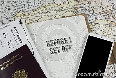 Travel Essentials: Passport, Boarding Pass, and Smartphone Stock Photo