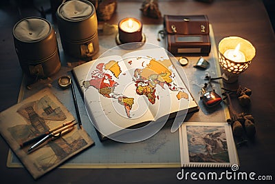 travel journal showcasing a world map. Generative Ai Stock Photo