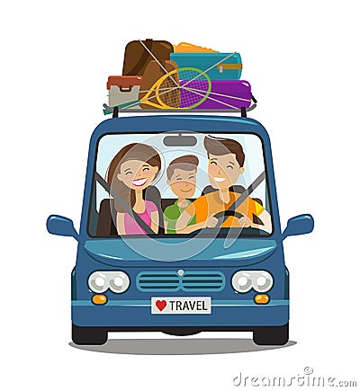 Travel, journey concept. Happy family rides in minivan. Cartoon vector illustration Vector Illustration