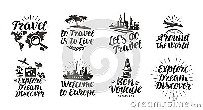 Travel, journey set icons. Handwritten lettering. Label vector illustration Vector Illustration