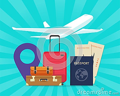 Travel and journey time banner for airplane trip and vocation luggage bags vector flat cartoon illustration, flight agency design Vector Illustration