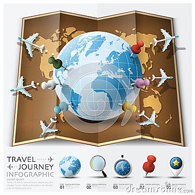 Travel And Journey World Map With Point Mark Airplane Route Diagram Infographic Vector Illustration