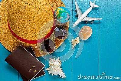 Travel kit on a blue background with free copy space. Stock Photo