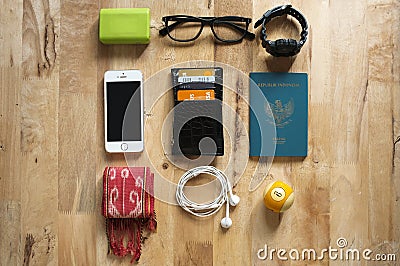Travel kit essential for traveler. Stock Photo