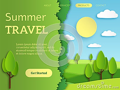 Travel landing page. holiday travelling mobile reservation web app design with paper recreation horizon landscape vector Vector Illustration