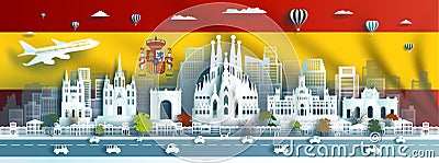 Travel landmark europe city destination of Spain flag background Cartoon Illustration