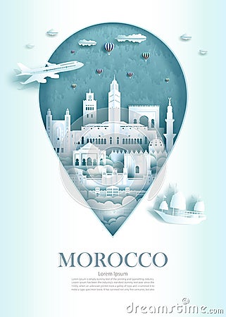 Travel landmark Morocco architecture monument pin of mediterranean Marrakech in Morocco Vector Illustration