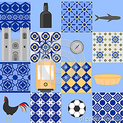 Travel landmark Portugal elements. Flat architecture and building icons Cathedral of Lisbon. National portuguese symbol wine porto Stock Photo