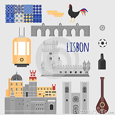 Travel landmark Portugal elements. Flat architecture and building icons Tower Belem, Sintra castle Pena Palace, aqueduct of freedo Stock Photo
