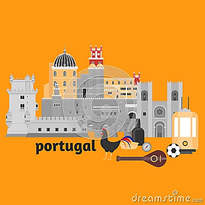 Travel landmark Portugal elements. Flat architecture and building icons Tower Belem, Sintra castle Pena Palace, aqueduct of freedo Stock Photo