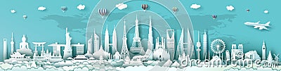 Travel landmarks architecture world with turquoise background Vector Illustration