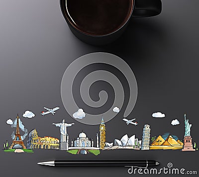 Travel landmarks with cup of coffee and pen Stock Photo