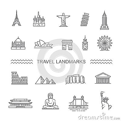 Travel landmarks line icon set Vector Illustration