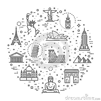 Travel landmarks line icon set Vector Illustration