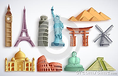 Travel landmarks vector illustration set. Famous world destinations and monuments Vector Illustration