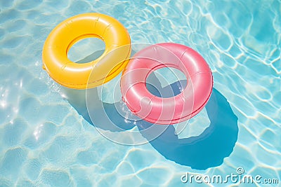 Round inflatables rubber swimming rings in pool. Generative AI Stock Photo