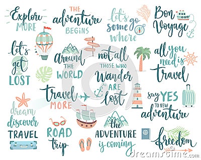 Travel Lettering Design Set - collection of handwritings, trip, journey and adventure themes Vector Illustration