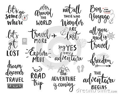 Travel Lettering Design Set - collection of handwritings, trip, journey and adventure themes Vector Illustration