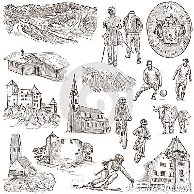 Travel - Liechtenstein. Full sized hand drawings on white. Cartoon Illustration