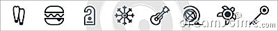 travel line icons. linear set. quality vector line set such as key, turtle, map, guitar, snowflake, do not disturb, burguer Vector Illustration