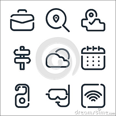 travel line icons. linear set. quality vector line set such as wifi, snorkel, doorknob, calendar, weather, map, search Vector Illustration