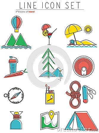 Travel line icons set. Outdoor equipment, camping Vector Illustration