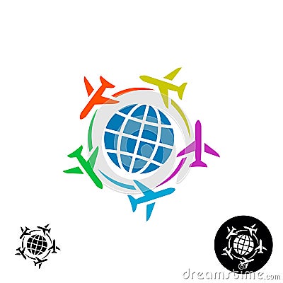 Travel logo concept. Planet earth globe symbol with color planes. Vector Illustration