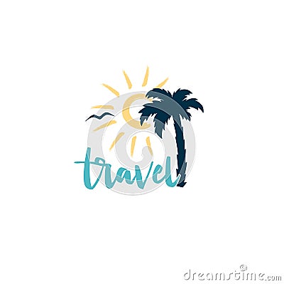 Travel logo with sun and palm tree isolated Vector Illustration