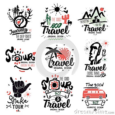 Travel logo. Tour logo. Tourist handmade logo. Exotic summer holiday sign, icon. Vector Illustration