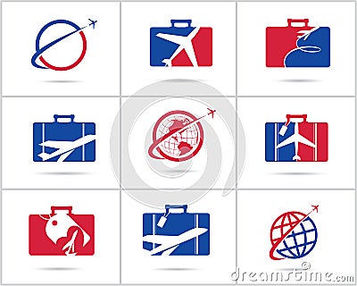 Travel logos set design. Ticket agency and tourism vector icons, airplane in bag and globe. Luggage bag logo, world tour illustrat Stock Photo