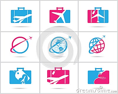 Travel logos set design. Ticket agency and tourism vector icons, airplane in bag and globe. Luggage bag logo, world tour. Vector Illustration
