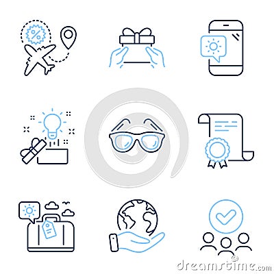 Travel luggage, Flight sale and Sunglasses icons set. Give present, Weather phone and Creative idea signs. Vector Vector Illustration