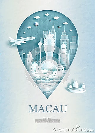 Travel Macau architecture monument pin in Asia Vector Illustration