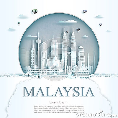 Travel Malaysia monument in Kuala Lumpur city modern building in circle Vector Illustration
