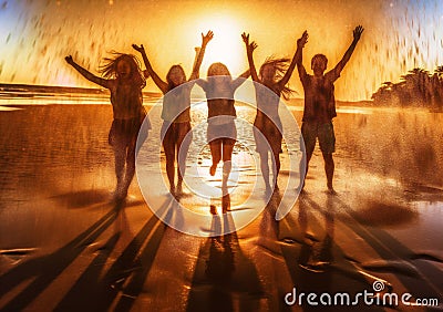 fun man happiness ocean youth sunset friend jump sea vacation group. Generative AI. Stock Photo