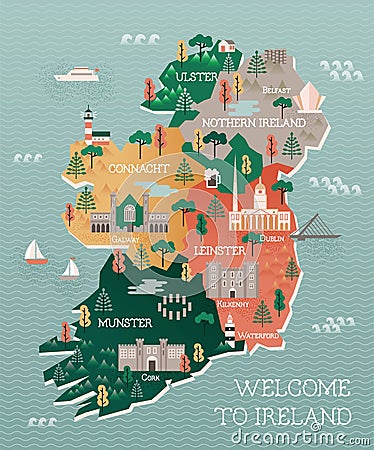 Travel map of Ireland with landmarks and cities Vector Illustration