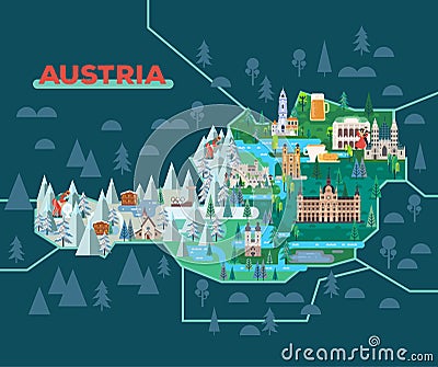 Travel map with landmarks of Austria. Vector Illustration